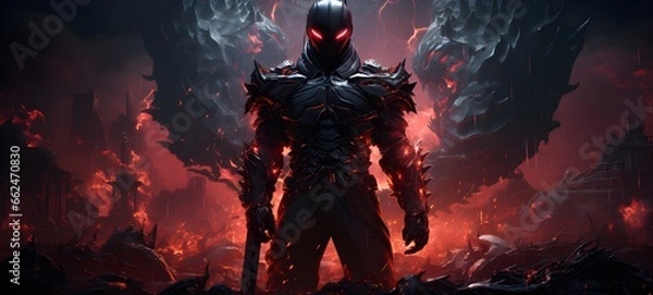 Fototapeta Digital art painting in rough style about huge red monster with human standing infront of it