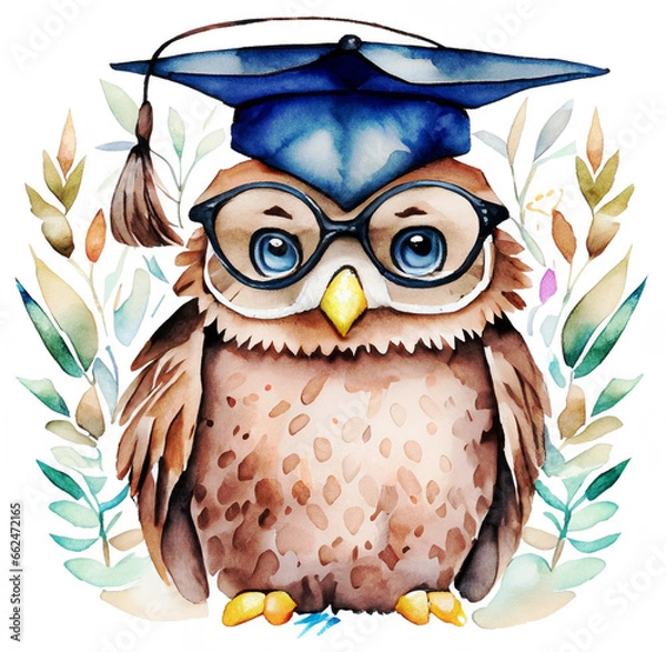Obraz Sowa w okularach i czapce studenta ilustracja