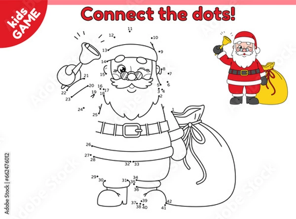 Fototapeta Dot to dot kids game. Cartoon happy Santa Claus ringing bell with a bag of gifts. Connect the dots by numbers and draw a cute merry Christmas character. Educational puzzle for children. Vector design.