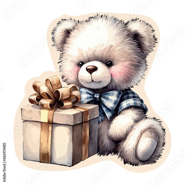 Obraz Bear with a gift watercolor drawing on a transparent background.