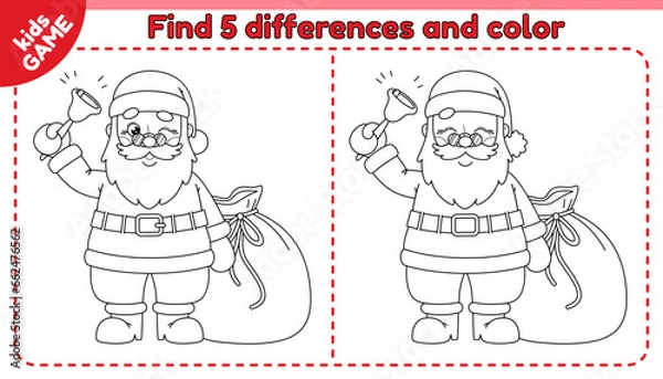 Fototapeta Kids game Find 5 differences with cartoon happy Santa Claus ringing bell with a bag of gifts. Compare cute merry Christmas characters and spot differences. Black and white outline vector design.