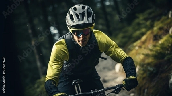 Fototapeta An enthusiastic cyclist, in protective gear, pedaling determinedly up a steep, verdant hill, with perseverance gleaming in his eyes.