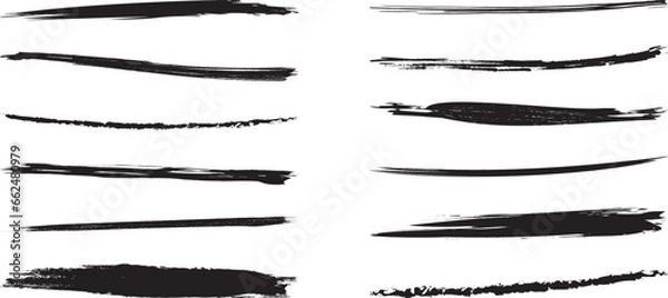 Fototapeta Brush line, charcoal scribble, chalk stroke, crayon mark, black pencil, pen marker, sketch graffiti, paint doodle vector set, grunge effect isolated on white background. Drawing ink illustration