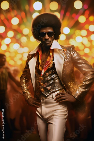 Fototapeta A cool black man from the 70s with a prominent afro exudes confidence as he strikes a pose on the disco floor in his shiney gold outfit