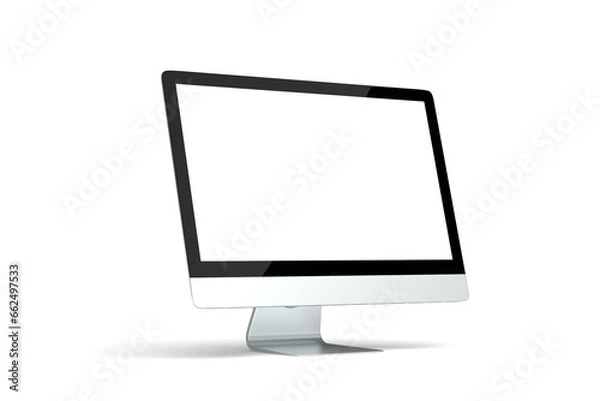 Fototapeta Laptop with blank screen isolated on white background, white aluminium body. 3D illustration, 3D rendering. right side. 