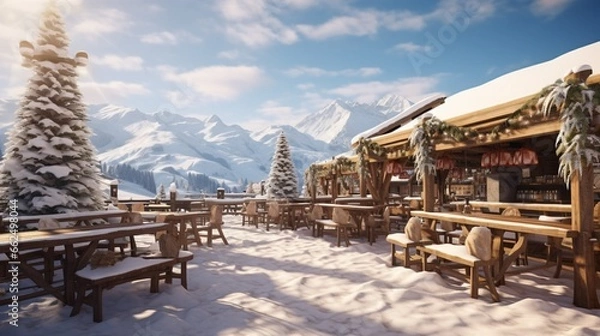 Fototapeta Tranquil winter café at the base of a ski resort, with outdoor seating surrounded by heaters, where skiers take a break and enjoy warm beverages against the backdrop of snow-covered mountains.