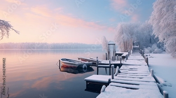 Fototapeta Tranquil winter dock on a frozen lake, with snow-covered boats gently rocking in the stillness, creating a serene and contemplative scene.