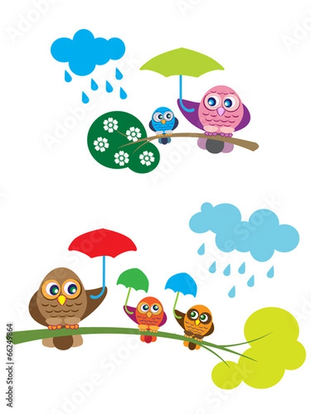Fototapeta Owl family in the rain, with umbrellas.Cartoon ilustrations for