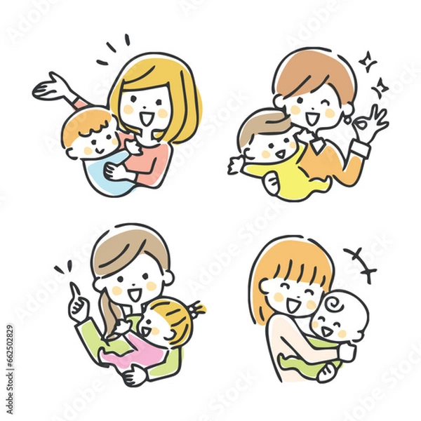 Obraz 色々なお母さんと赤ちゃんのイラスト　ポジティブ
