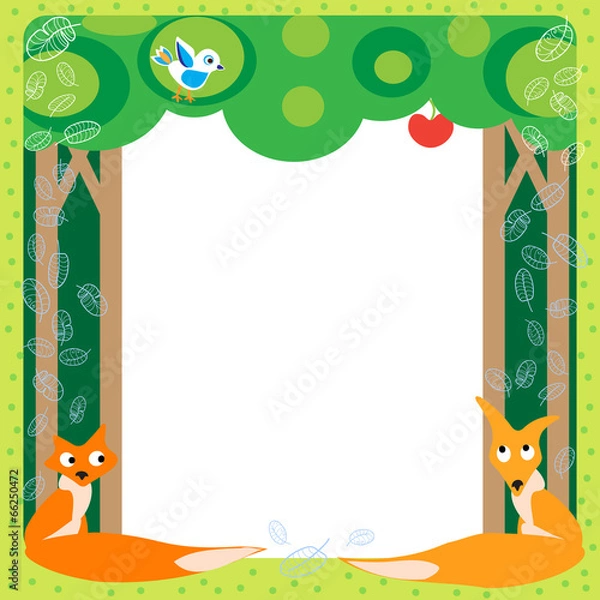 Fototapeta Foxes and bird in the wood. Funny cartoon and vector scene.