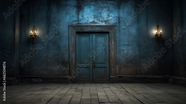 Fototapeta An illustration of an old blue wall and door. Graphic asset or resource. Dirty and abandoned. Dark and moody.