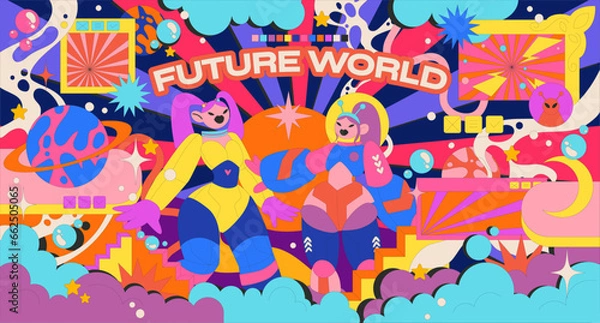 Fototapeta Acid psychedelic space geometric poster in retro memphis 90s style. Cartoon groovy illustration, futuristic abstract landscapes, cyberpunk future girl astronauts
