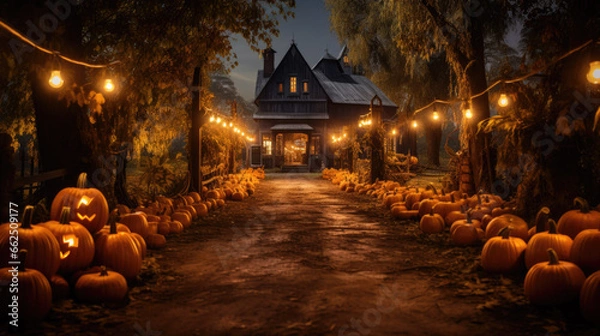 Fototapeta A path to a house with pumpkins lying on the sides at night