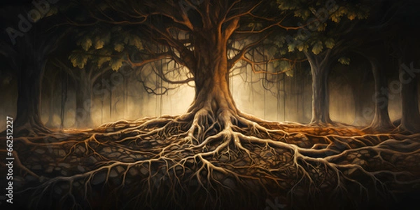 Fototapeta Powerful Root Symbolism: Tree Roots in Multilayered Realism within a Dark Space