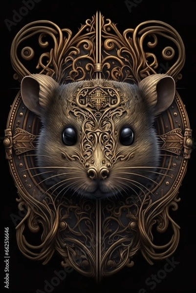 Fototapeta The hamster is sitting on a pile of gold coins, and there is a treasure chest behind it. The hamster is wearing a gold crown 