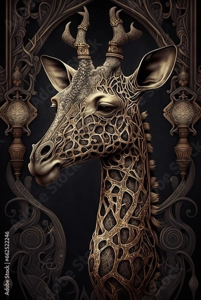 Fototapeta a giraffe with a crown on its head. The crown is a symbol of royalty and power. The giraffe is a tall, long-necked mammal native to Africa.