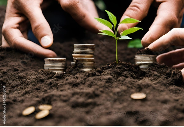 Obraz Nurturing Sustainable Prosperity: Hands Cultivating a Currency Garden with Seeds of Green Growth