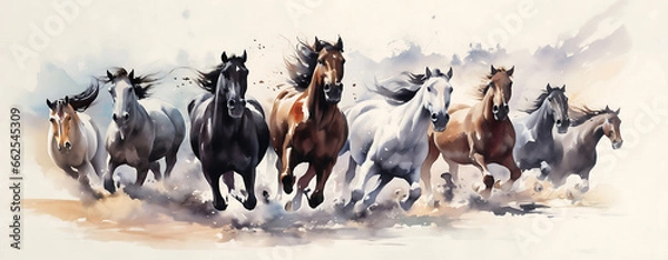 Fototapeta Eight horses. ,Eight horses in motion, beautifully hand-painted in the traditional Chinese brush style using black ink on a pristine white canvas.