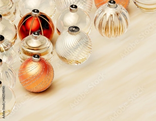 Fototapeta Christmas balls ornaments background pattern, New Year decoration, 3D render