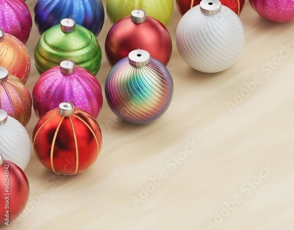 Fototapeta Christmas balls ornaments background pattern, New Year decoration, 3D render