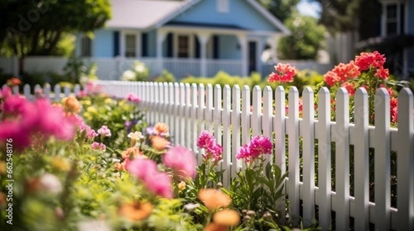 Obraz white fence and flowers, seamless wallpaper pattern, Ai Generate 