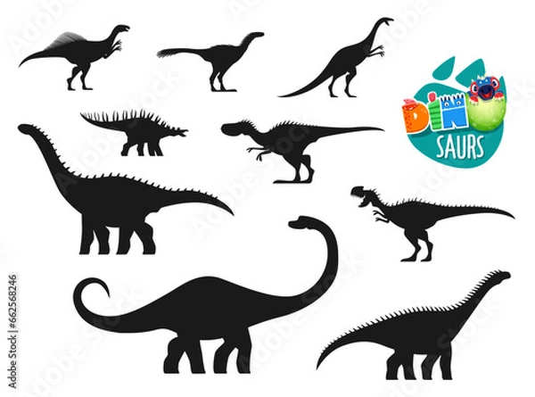 Fototapeta Dinosaur, extinct prehistoric animals silhouettes. Jurassic era dinosaur or reptile. Datousaurus, Hypselosaurus, Kentrosaurus and Dubreuillosaurus, Monolophosaurus, Wannanosaurus vector silhouettes