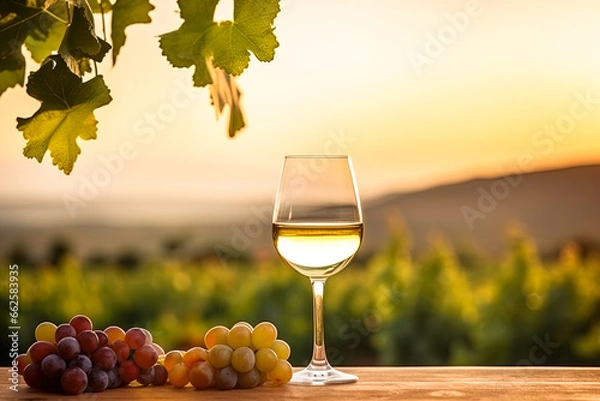 Fototapeta Glass with white wine on the table, grapes, in a beautiful setting at sunset