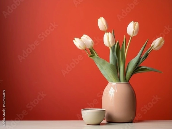 Fototapeta Tulips on a pot of water and a table with orange wall generative ai