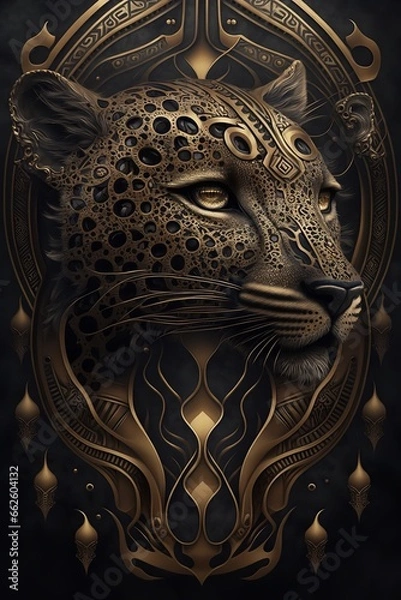 Obraz Digital art of a leopard with a unique fur pattern. The leopard is looking directly at the viewer with a fierce expression, and its fur is a vibrant mix of colors and patterns, including leopard spots
