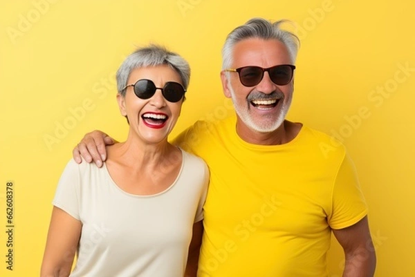 Obraz Portrait of a Fictional Lovely Senior Couple wearing plain blank t-shirt on a colored background. Generative AI Illustration.