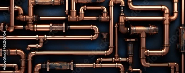 Fototapeta Abstract plumbing copper pipes texture artistic, with empty copy space Generative AI