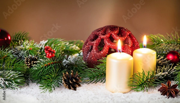 Fototapeta Christmas and New year Holiday Card, candle , fir tree branches with decorative ornaments on snow