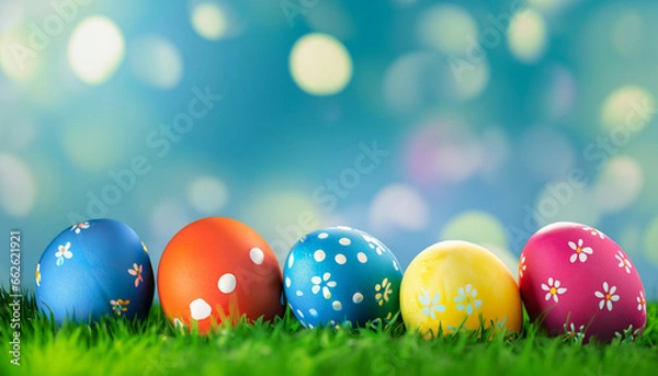 Fototapeta Easter eggs on meadow with with de-focused bokeh sky background , Grassland