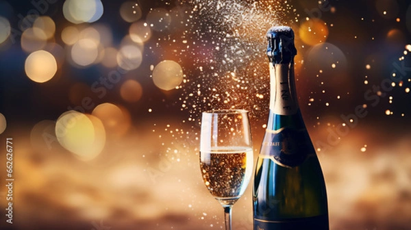 Obraz Champagne popping and pouring with blurred bokeh background 