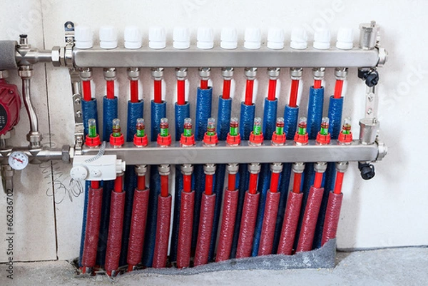 Fototapeta Distribution manifold for underfloor heating, direct and return lines
