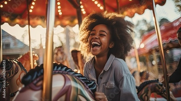 Fototapeta A young kid has fun on a carousel in an amusement park