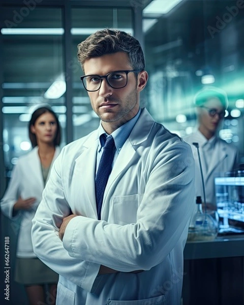 Fototapeta Young doctor scientist in a laboratory with other colleagues in the background