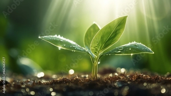Fototapeta Plant growing with falling raindrops in sunlight. Generative AI