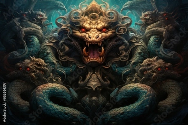 Fototapeta Ancient sea serpents, guardians of hidden treasures beneath the ocean depths - Generative AI
