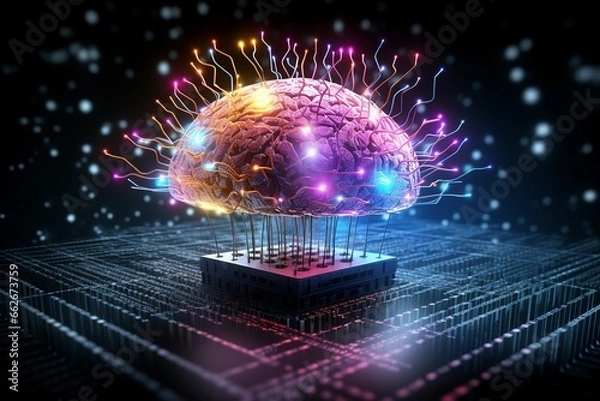 Obraz Human brain depiction against a technological backdrop signifying artificial intelligence integration.