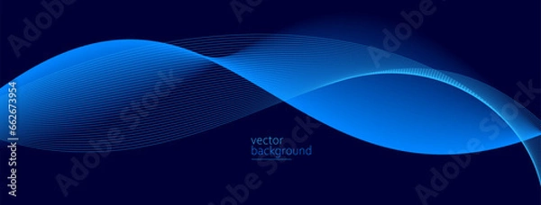 Fototapeta Smooth flow of wavy shape with gradient vector abstract background, dark blue design curve line energy motion, relaxing music sound or technology.