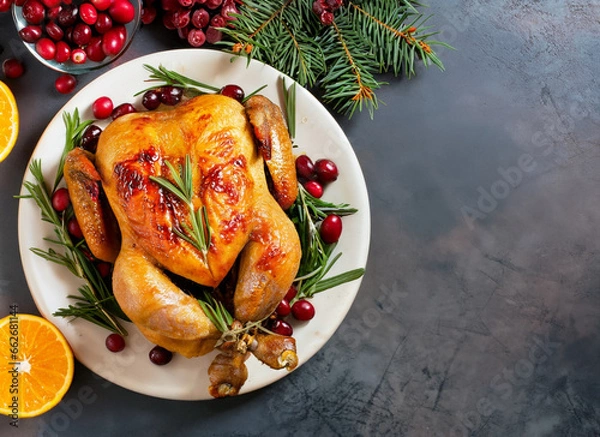 Fototapeta Grilled or Roasted whole chicken with oranges ,rosemary and cranberries on table for Thanksgiving or Christmas Dinner