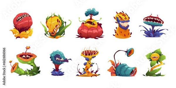 Fototapeta Carnivorous plant. Cartoon monster plants with teeth and tongue, toxic monster plants with canines and teeth, botanical carnivore flora. Vector set