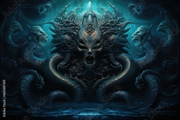 Fototapeta Ancient sea serpents, guardians of hidden treasures beneath the ocean depths - Generative AI