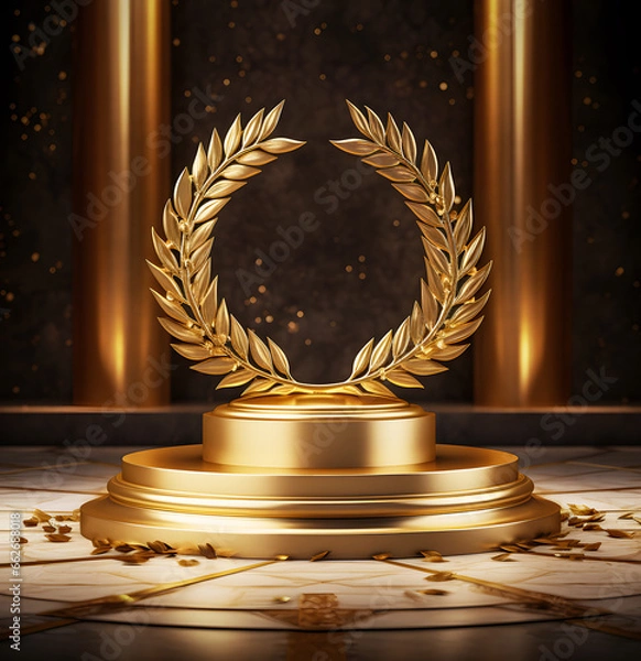Obraz Golden Pedestals With Laurel Wreaths Star Symbol Of Victory Glory And Success