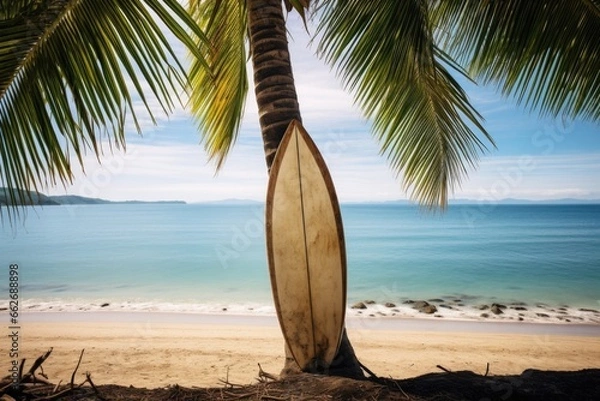 Fototapeta a surfboard leaning on a palm tree overlooking the ocean