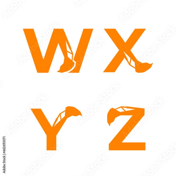 Fototapeta Letter W X Y Z with excavator arm. W X Y Z excavator logo template, hydraulic initials