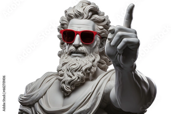 Obraz Sculpture of a Greek man in sunglasses pointing finger at your advertisement, male statue in Greek style isolated on a transparent background