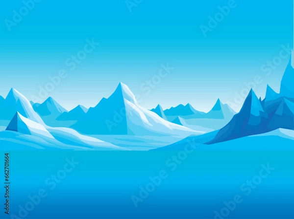 Fototapeta Vector illustration of realistic cartoon-style winter Arctic nature with icy icebergs and snowy mountain hills. EPS-10