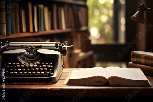 Fototapeta typewriter and a book on the table. cozy. warm. writer concept